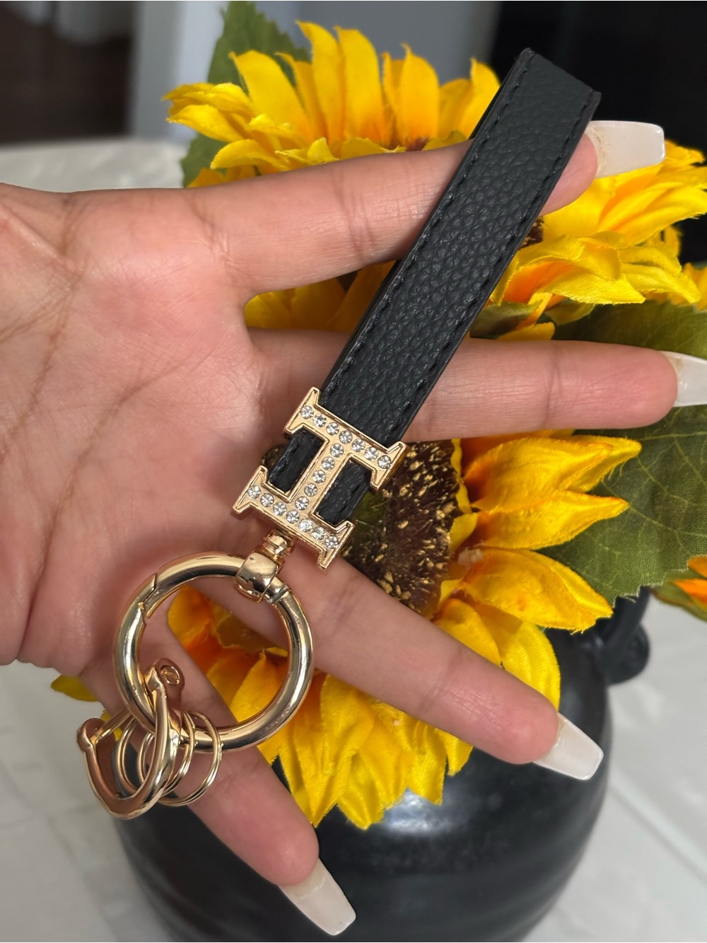Black Leather Strap Keyring with Gold Crystal H Accent